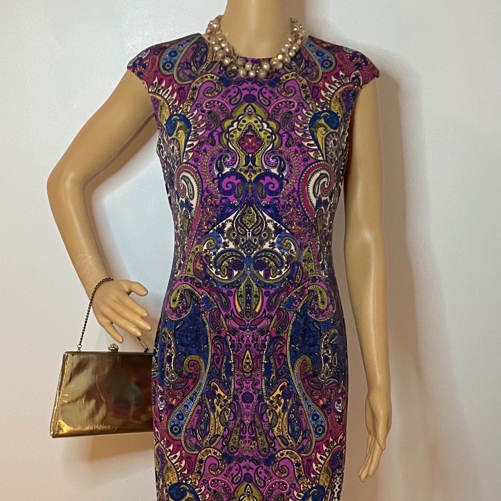 Purple green yellow navy paisley sheath midi dress - Picture 2 of 12